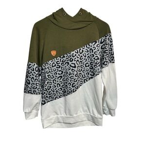 Wanakome Women's Cowl Neck Hoodie L Khaki Mix Leopard Print Casual‎